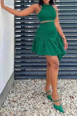 Solid Color Girly Irregular Ruffle Hem Dress Suit -Clothing-PrettyTina H23021647 GR 1