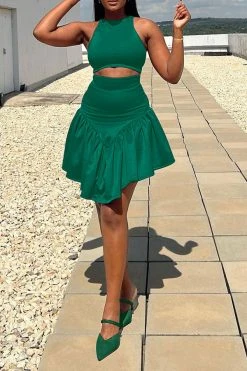 Solid Color Girly Irregular Ruffle Hem Dress Suit -Clothing-PrettyTina H23021647 GR 2