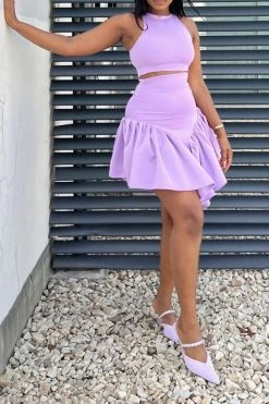 Solid Color Girly Irregular Ruffle Hem Dress Suit