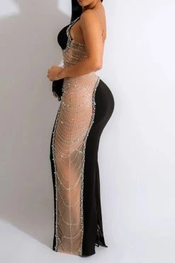 Rhinestone Trim Rocking Mesh Patchwork Maxi Dress 30 Rhinestone Trim Rocking Mesh Patchwork Maxi Dress -Clothing-PrettyTina H23021652 BK 6