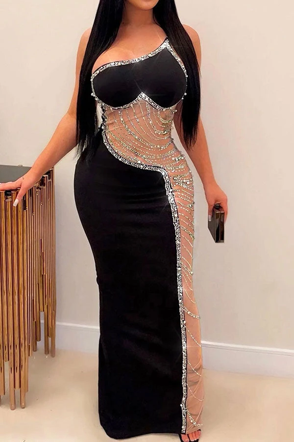 Rhinestone Trim Rocking Mesh Patchwork Maxi Dress 15 Rhinestone Trim Rocking Mesh Patchwork Maxi Dress - Image 15