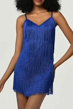 Solid Color Retro Tassel Mini Dress -Clothing-PrettyTina H23021662 BL 2