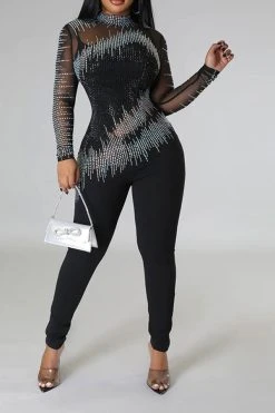 Rhinestone Stylish Mesh Patchwork Bodycon Jumpsuit