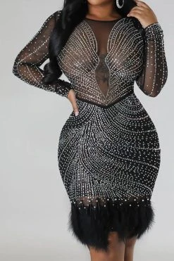 Rhinestone Pretty See-Through Feather Hem Mini Dress -Clothing-PrettyTina H23022348 BK 3