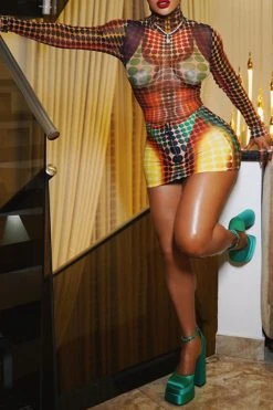 Artistic Body Print Polka Dot Party Dress Suit