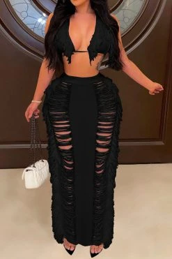 Solid Color Ripped On-trend Tassel Dress Suit 15 Solid Color Ripped On-trend Tassel Dress Suit -Clothing-PrettyTina H23022382 BK 1