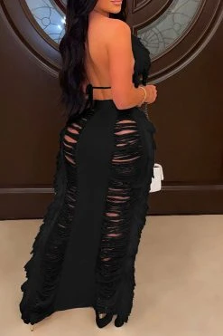 Solid Color Ripped On-trend Tassel Dress Suit 16 Solid Color Ripped On-trend Tassel Dress Suit -Clothing-PrettyTina H23022382 BK 2