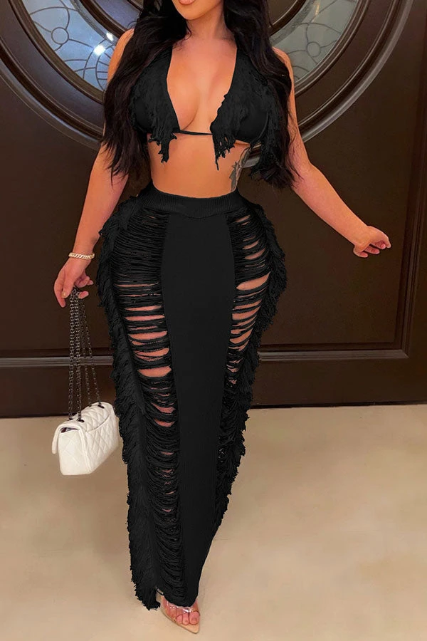 Solid Color Ripped On-trend Tassel Dress Suit 6 Solid Color Ripped On-trend Tassel Dress Suit - Image 6