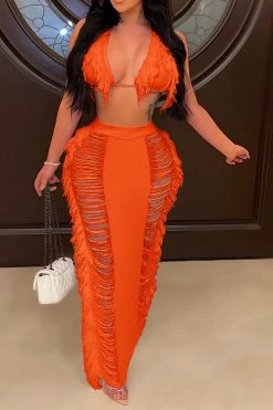 Solid Color Ripped On-trend Tassel Dress Suit 22 Solid Color Ripped On-trend Tassel Dress Suit -Clothing-PrettyTina H23022382 OR 2