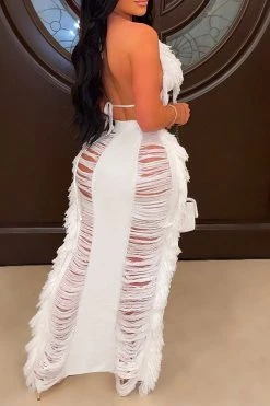 Solid Color Ripped On-trend Tassel Dress Suit 14 Solid Color Ripped On-trend Tassel Dress Suit -Clothing-PrettyTina H23022382 WH 3