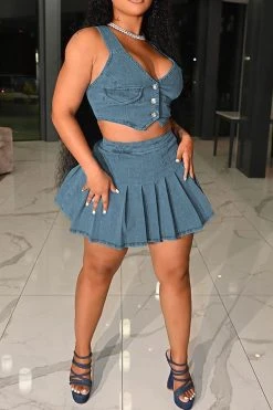 Solid Color Preppy Pleated Denim Dress Suit