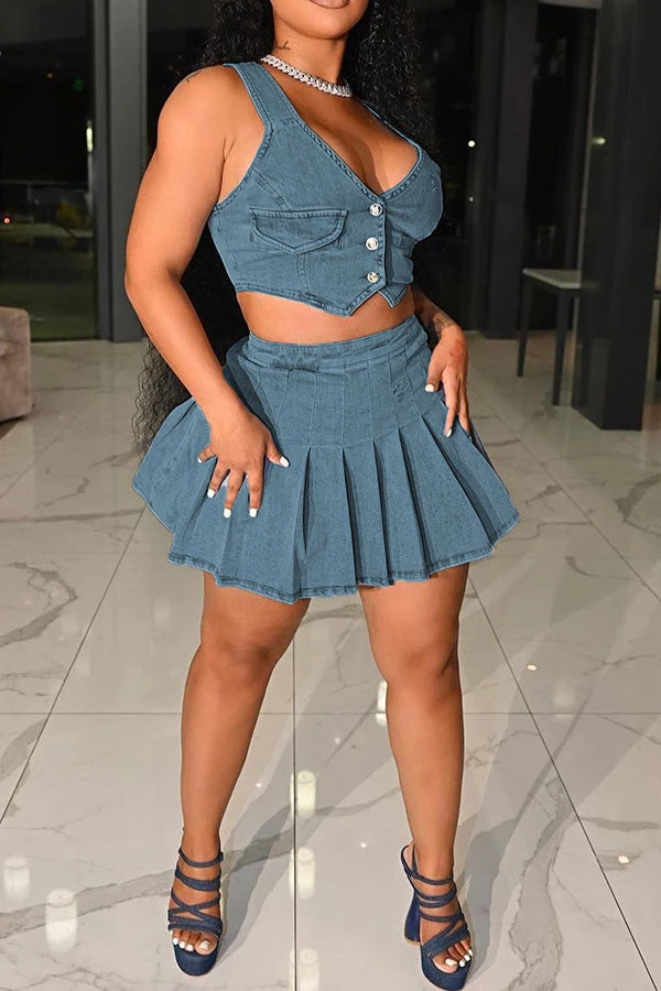 Solid Color Preppy Pleated Denim Dress Suit 1 Solid Color Preppy Pleated Denim Dress Suit