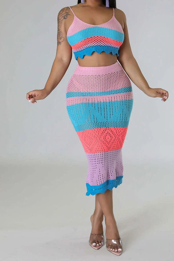 Color Block Tropical Knitted Cutout Dress Suit 5 Color Block Tropical Knitted Cutout Dress Suit - Image 5