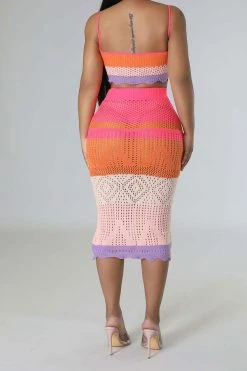 Color Block Tropical Knitted Cutout Dress Suit 11 Color Block Tropical Knitted Cutout Dress Suit -Clothing-PrettyTina H23030259 OR 4