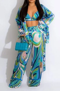 Tribal Floral Print Retro Pant Suit Three Pieces -Clothing-PrettyTina H23030273 BL 1
