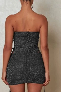 Solid Color Shimmery Drawstring Dress Suit -Clothing-PrettyTina H23030282 BK 4