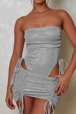 Solid Color Shimmery Drawstring Dress Suit -Clothing-PrettyTina H23030282 SI 3