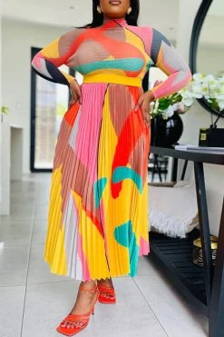 Abstract Print Classic Pleated Dress Suit -Clothing-PrettyTina H23030737 OR 3