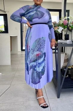 Abstract Print Classic Pleated Dress Suit -Clothing-PrettyTina H23030737 PU 1