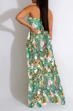 Leaf Print Strap Shirred Urban Wide Leg Jumpsuit -Clothing-PrettyTina H23030755 YE 2
