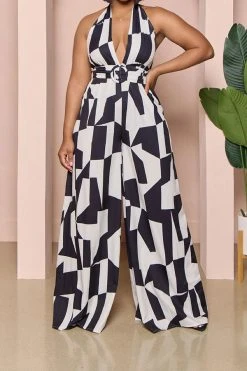 Geometric Print Commuting O-Ring Backless Jumpsuit