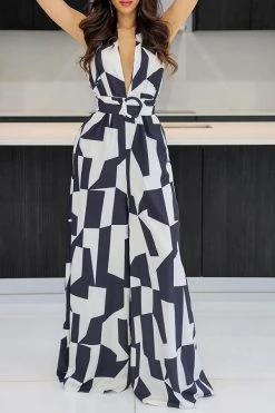 Geometric Print Commuting O-Ring Backless Jumpsuit -Clothing-PrettyTina H23030761 BK 3