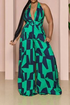 Geometric Print Commuting O-Ring Backless Jumpsuit -Clothing-PrettyTina H23030761 GR 1