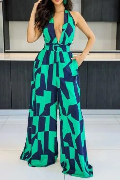 Geometric Print Commuting O-Ring Backless Jumpsuit -Clothing-PrettyTina H23030761 GR 3