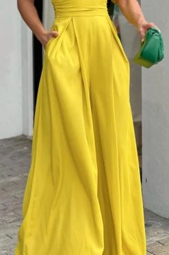 Solid Color Puff Sleeve Pretty Wide Leg Jumpsuit -Clothing-PrettyTina H23030762 YE 3