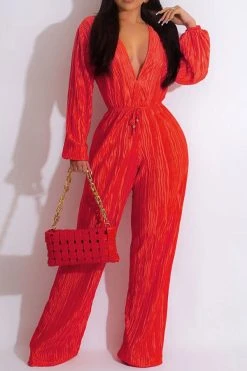 Solid Color Simple Drawstring Pleated Jumpsuit -Clothing-PrettyTina H23030764 RE 1