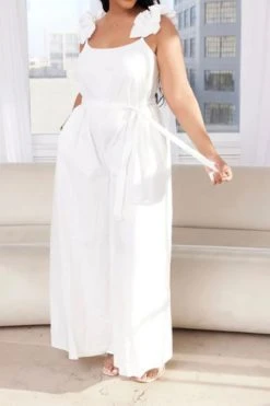Ruffle Strap Sweet Belted Wide Leg Jumpsuit -Clothing-PrettyTina H23030782 WH 2