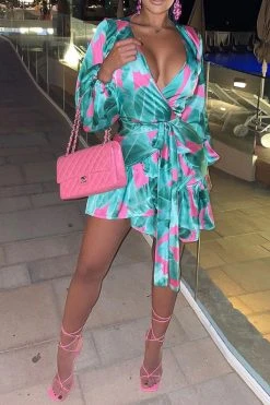 Leaf Print Rocking Lace-Up Ruffle Hem Mini Dress -Clothing-PrettyTina H23032014 GR 3