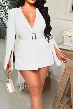 Solid Color Shawl Collar Commuting Belted Romper -Clothing-PrettyTina H23032081 WH 1 ba967815 94c9 47c6 95f6 472f4c7fc6ba
