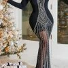 Rhinestone Patchwork Glamorous See-Through Maxi Dress