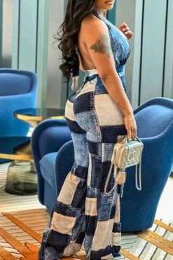 Checked Smart Cross Halter Jumpsuit -Clothing-PrettyTina H23040351 BL 3