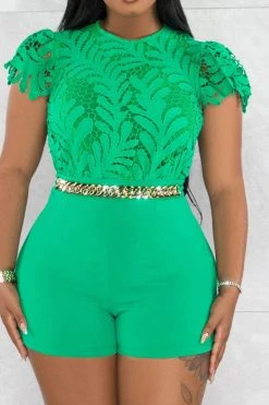 Leaf Pattern Lace Sweet Chain Decor Romper -Clothing-PrettyTina H23040357 GR 1