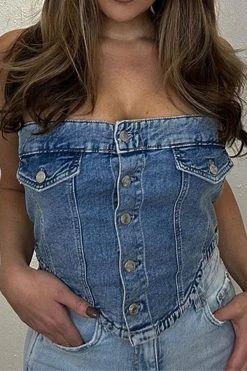 Solid Color Simple Button Thru Denim Camisole -Clothing-PrettyTina H23040385 BL 3
