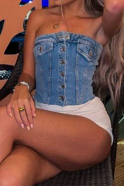 Solid Color Simple Button Thru Denim Camisole -Clothing-PrettyTina H23040385 BL 4