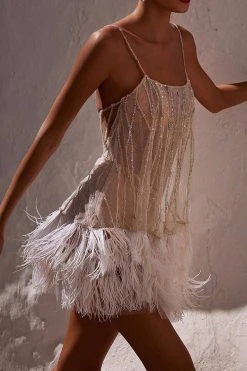 Sequined Patchwork Glamorous Feather Hem Mini Dress -Clothing-PrettyTina H23041122 WH 3