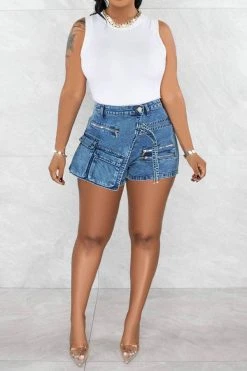 Solid Color Cool Multi Pocket Irregular Denim Shorts -Clothing-PrettyTina H23041913 BL 4