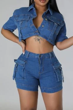 Solid Color Modern Multi Pocket Denim Pant Suit