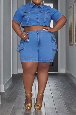 Solid Color Modern Multi Pocket Denim Pant Suit -Clothing-PrettyTina H23041923 BL 6