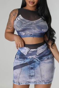 Denim Print Party Bodycon Dress Suit