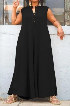Solid Color Relaxed Wide Leg Jumpsuit -Clothing-PrettyTina H23041934 BK 2