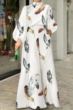 Feather Print Chic Tie Back Wide Leg Jumpsuit