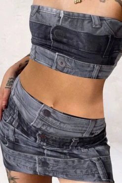 Denim Print Stylish Bandeau Dress Suit -Clothing-PrettyTina H23041992 BK 1