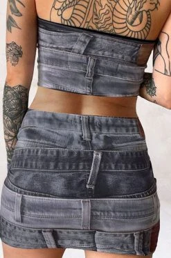 Denim Print Stylish Bandeau Dress Suit -Clothing-PrettyTina H23041992 BK 2