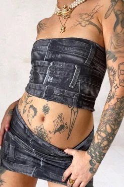 Denim Print Stylish Bandeau Dress Suit -Clothing-PrettyTina H23041992 BK 3