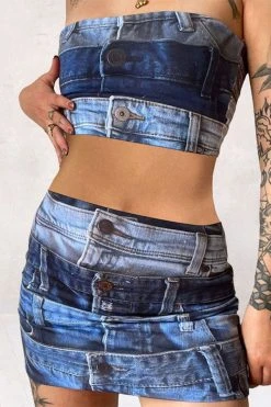 Denim Print Stylish Bandeau Dress Suit -Clothing-PrettyTina H23041992 BL 3