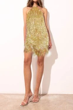 Solid Color Smart Halter Collar Tassel Mini Dress -Clothing-PrettyTina H23042416 GO 1